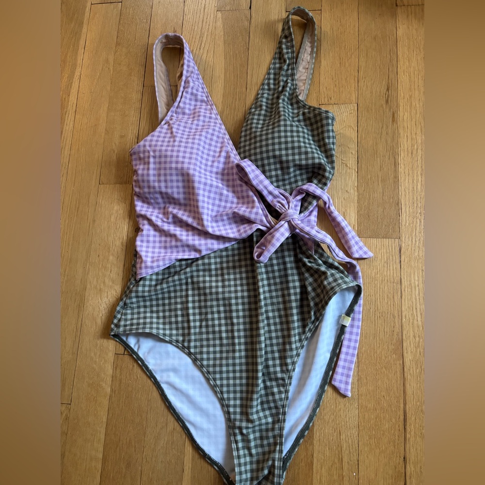 Gingham Wrap One Piece Swimsuit - purple and green